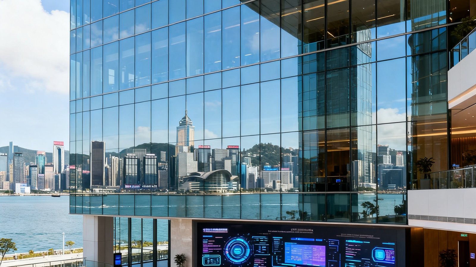 永利集团香港总部位于中环核心地段的现代化办公大楼，玻璃幕墙折射出维多利亚港的天际线，大厅内设有数字科技展示中心。