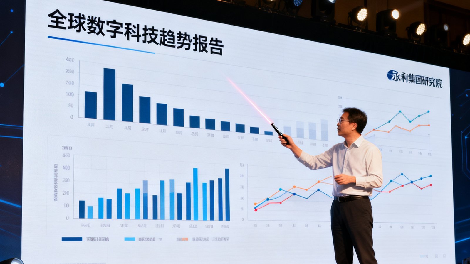 永利集团研究院在2025年度科技峰会上发布《全球数字科技趋势报告》，演讲者站在大屏幕前展示关键数据图表。