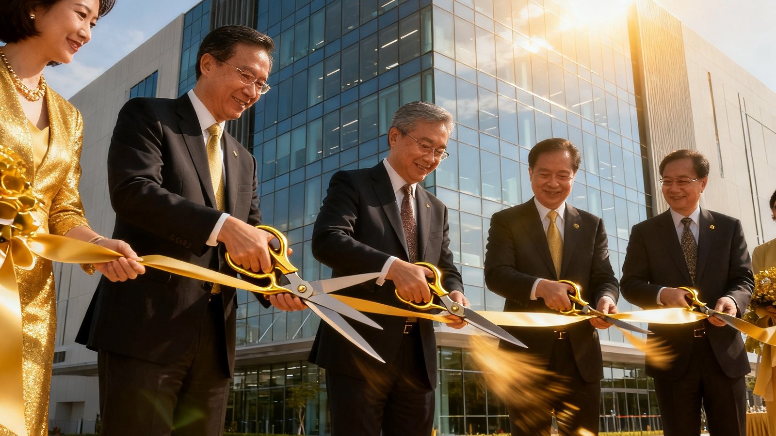 永利集团新加坡数据中心二期落成典礼，嘉宾们手持金剪刀进行剪彩，背景为崭新的数据中心大楼。