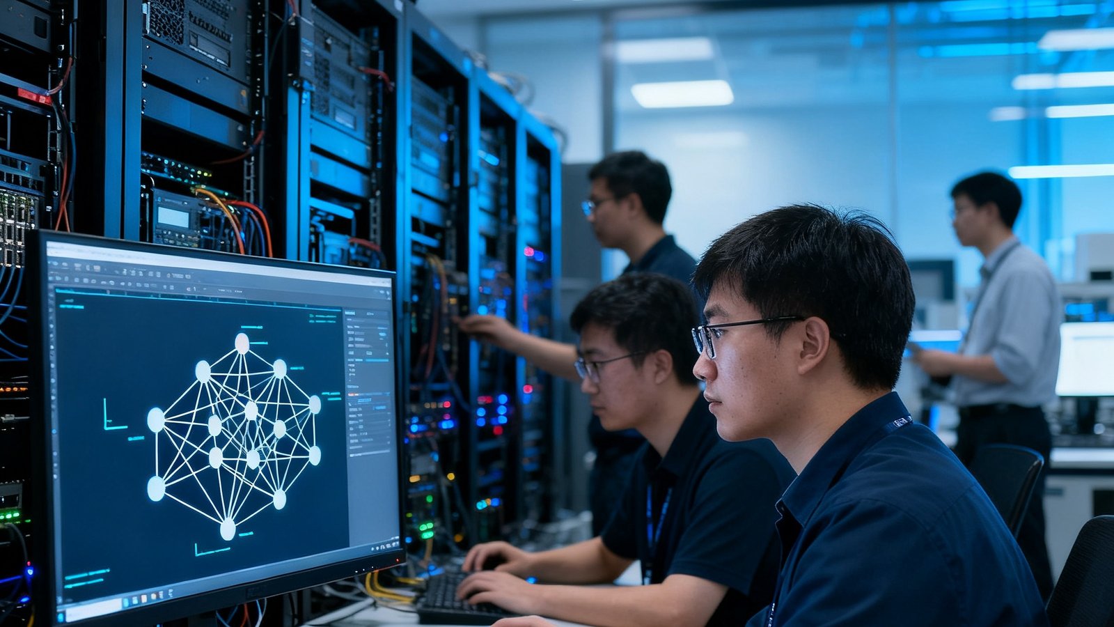 永利集团人工智能底层算法研发实验室内，多位工程师正在调试深度学习模型训练集群，屏幕显示神经网络拓扑结构图。