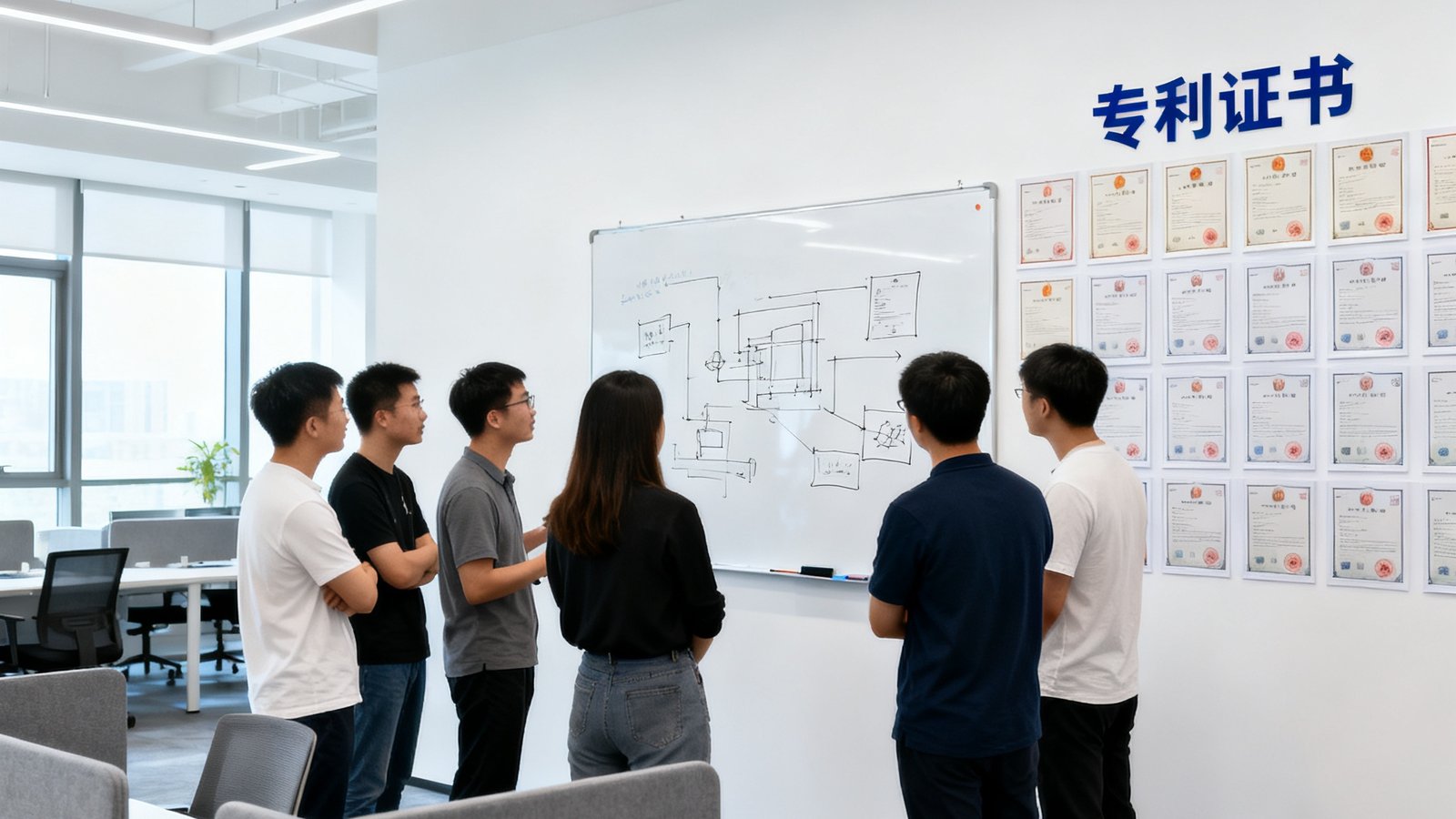 永利集团硬科技孵化器内景，开放式办公区中创业团队正在白板前进行技术方案讨论，墙上贴满专利证书。