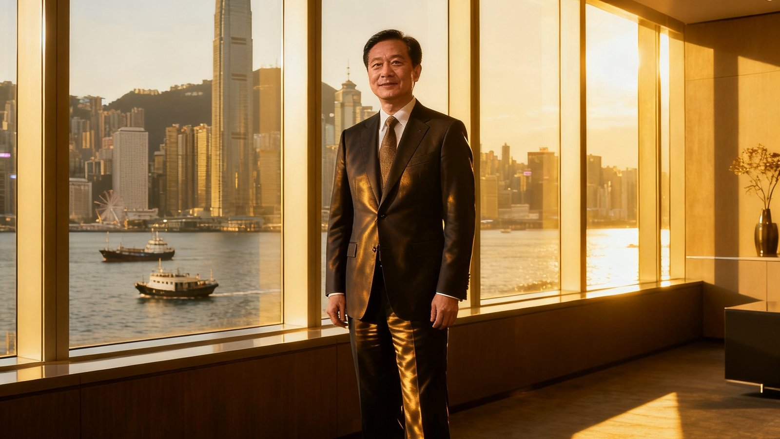 永利集团创始人兼CEO林永利先生，身着深色西装站在香港总部办公室窗前，背景为维多利亚港天际线。