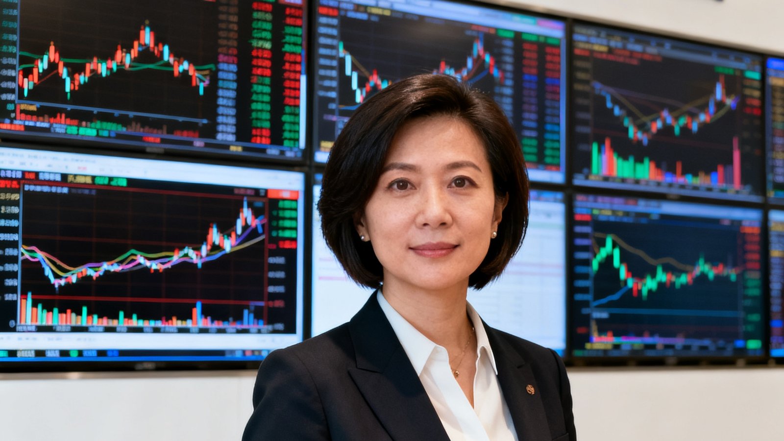 永利集团CIO Sarah Chen女士，干练的短发女性形象，背景为金融交易屏幕墙，展现其投资专业背景。
