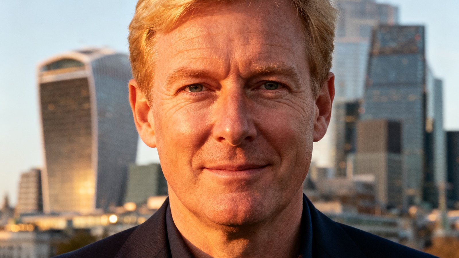 永利集团欧洲区总裁James Whitfield，金发碧眼的中年男性，背景为伦敦金融城，展现其国际化背景。
